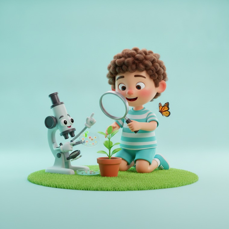 A child exploring nature and biology with a magnifying glass